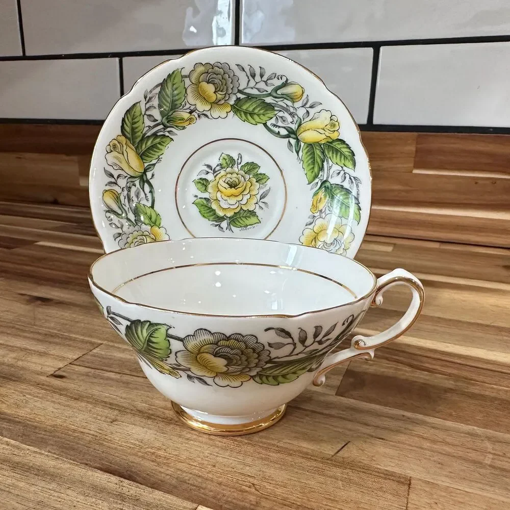 Vtg Stanley English Tea Cup Fine Bone China Yellow & Green Floral